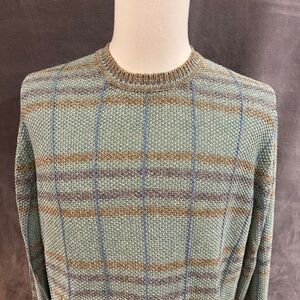 New Henry Jacobson, size Lg, seafoam ground plaid, 100% linen sweater